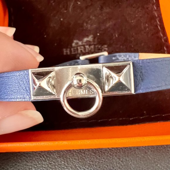 Hermes Rivale Mini Rivale Bracelet in Blue Leather, Sz 7" - Picture 1 of 9
